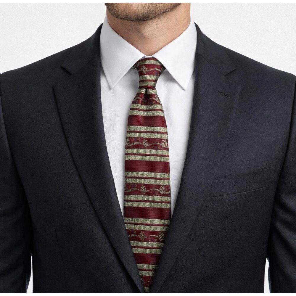 Tommy Hilfiger Burgundy Gold Striped Necktie‎ 100% Italian Silk USA Made